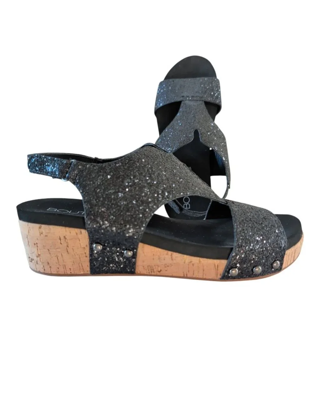 Boutique by Corkys Refreshing Sandals Womens 11 Black Glitter Cork Wedge Studded